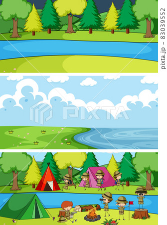 Set of different horizon scenes background with doodle kids cartoon character 83039552