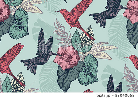 Beautiful seamless pattern with tropical flowers, hummingbird, jungle palm, monstera, exotic leaves. 83040068