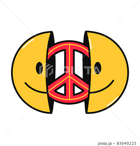 Two half of smile face with peace sign inside. Vector hand drawn doodle cartoon character illustration. Isolated on white background. Smile face,hippie peace sign print for t-shirt,poster,card concept 83040225