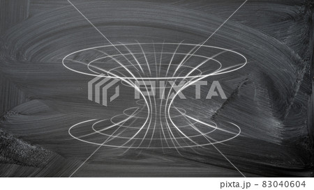 Chalkboard with curved diagram of a black hole and white hole drawn on it, with copy space. Educational concept, explain the structure of the universe. 83040604