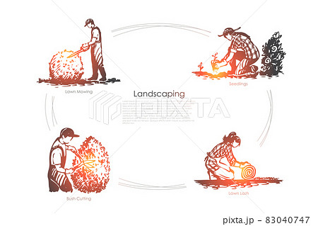 Landscaping- lawn mowing, seedlings, lawn lash, bush cutting vector concept set 83040747