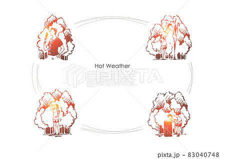 Hot weather- people eating ice cream, playing with fountain, drinking much water on summer vector concept set 83040748