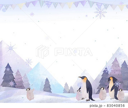 三角の旗と山の北欧風の風景 ペンギンの親と子供たちと雪の結晶のベクター白バックフレームイラスト素材のイラスト素材