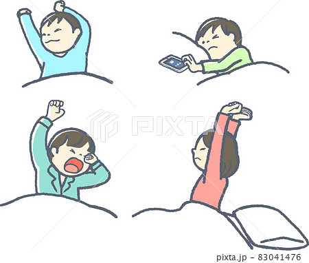 朝、起きる、伸びをする、目覚まし機能を止める、あくびをする 83041476