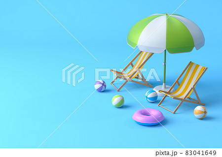 Beach chair with umbrella and beach ball on blue background. 3D render of summer vacation concept 83041649