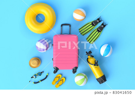 Colorful suitcase or baggage with beach accessories on blue background. 3D render of summer vacation concept and holidays 83041650