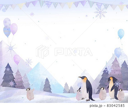 旗と風船と山の北欧風の風景、ペンギンの親と子供たちと雪の結晶のベクター白バックフレームイラスト素材 旗と風船と山の北欧風の風景、ペンギンの親と子供たちと雪の結晶のベクター白バックフレームイラスト素材 83042585