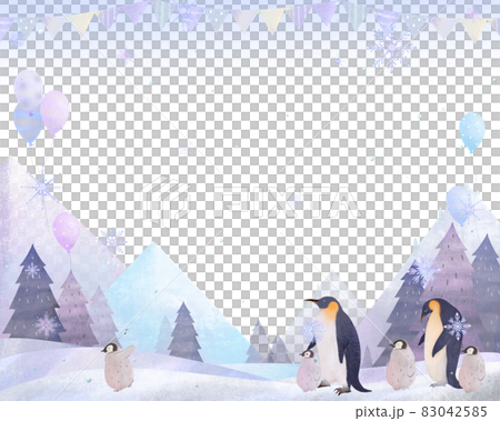 Scandinavian landscape of flags, balloons and mountains, penguins parents and children and snowflake vector white background frame illustration material 83042585