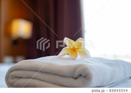 A hotel maid stacked towels on the bed and placed flowers on the towels in a hotel room 83043554