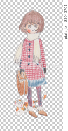 手描きイラスト、鞄を持った女の子と三毛猫 83043701
