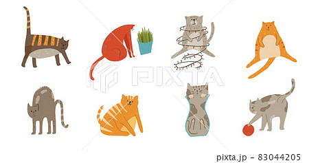Set of cats walking playing with yarn ball, arching back, sitting, being liquid, illustraion cartoon flat style. Set of cats walking playing with yarn ball, arching back, sitting, being liquid, illustraion cartoon flat style. 83044205