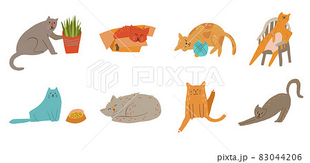 Set of eight cats sleeping, knocking off a plant, playing yarn ball, feeding, grooming. Set of eight cats sleeping, knocking off a plant, playing yarn ball, feeding, grooming. 83044206