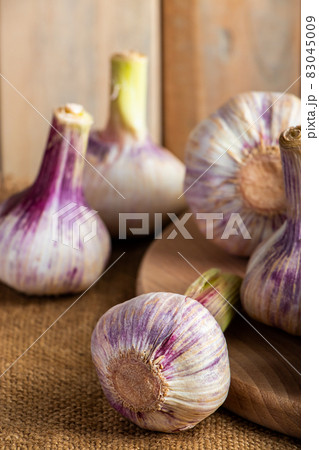 Fresh purple aromatic garlic on a rustic wooden background. Ingredient for cooking. Fresh purple aromatic garlic on a rustic wooden background. Ingredient for cooking. 83045009