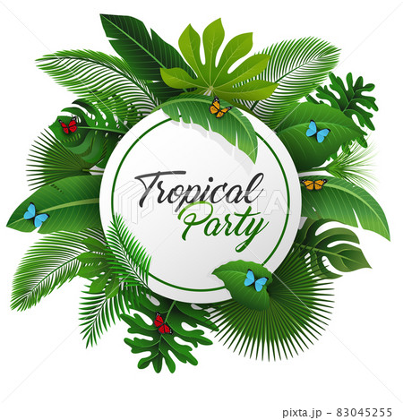 Tropical party sign with Tropical Leaves and butterflies. Suitable for Summer concept, vacation, and summer holiday. Vector Illustration 83045255