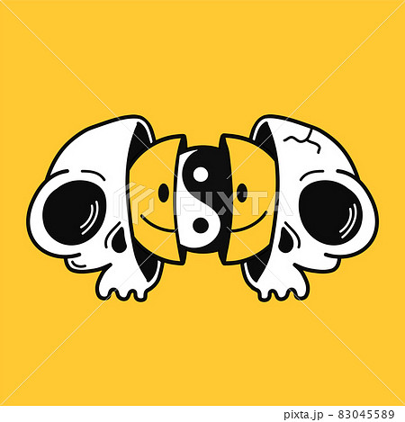 Two half of shull with smile face and Yin Yang inside. Vector hand drawn doodle 90s style cartoon character illustration. Trippy smile face,Yin Yang,skull print for t-shirt,poster,card concept 83045589