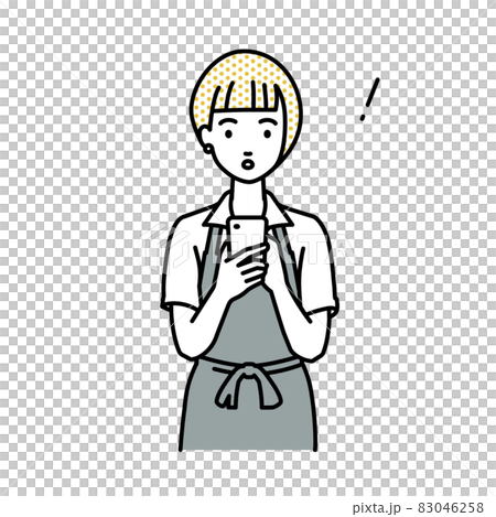 立ってスマートフォンを操作して何かに気づいて驚いたカフェ店員の女性 83046258