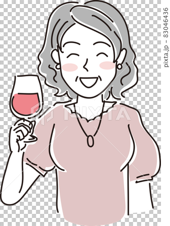 赤ワイングラス持ってニコニコな妙齢女性 83046436