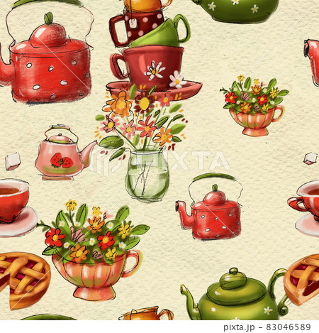 Seamless hand drawn pattern. Tea drinking illustration. 83046589