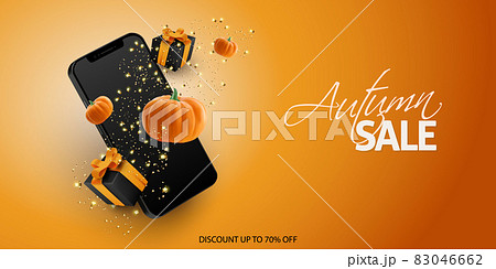 Halloween or Thanksgiving sale banner with smartphone confetti gift box and realistic pumpkin on orange background. Copy spase. Vector illustration Halloween or Thanksgiving sale banner with smartphone confetti gift box and realistic pumpkin on orange background. Copy spase. Vector illustration 83046662