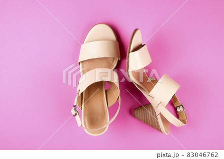 Top view of fashionable feminine medium heeled women's leather shoes of pastel colors on heels / wedge for spring-summer season. 83046762