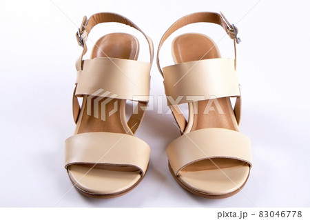 Top view of fashionable feminine medium heeled women's leather shoes of pastel colors on heels / wedge for spring-summer season. 83046778