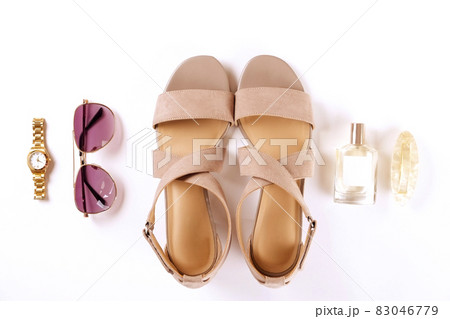 Top view of fashionable feminine medium heeled women's leather shoes of pastel colors on heels / wedge for spring-summer season. 83046779