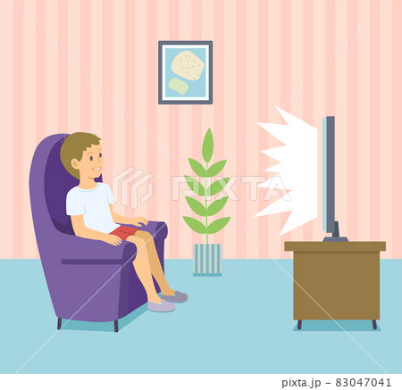 Little boy watching TV in purple chair in living room. Vector cartoon conceptual illustration in cute pastel colors. Little boy watching TV in purple chair in living room. Vector cartoon conceptual illustration in cute pastel colors. 83047041