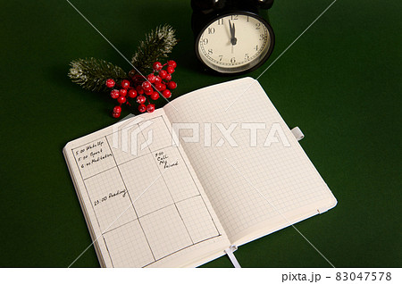 Top view of an opened page of notepad with plans for day, alarm clock and snowy branch of holly Christmas plant isolated on green background Top view of an opened page of notepad with plans for day, alarm clock and snowy branch of holly Christmas plant isolated on green background 83047578