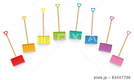 Colored snow shovels, colorful collection of snow plowing service implements, loosely arranged funny winter tools for happy snow shoveling. Isolated vector illustration on white background. 83047796