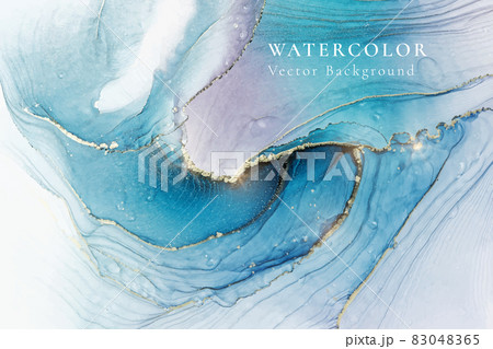 Violeet cyan blue liquid watercolor background with golden stains. Teal mauvee grey marble alcohol ink drawing effect. Vector illustration design template for wedding invitation, menu, rsvp 83048365
