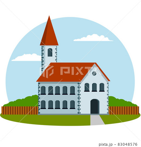 City hall with red roof. Old guildhouse. European architecture and landmark. 83048576
