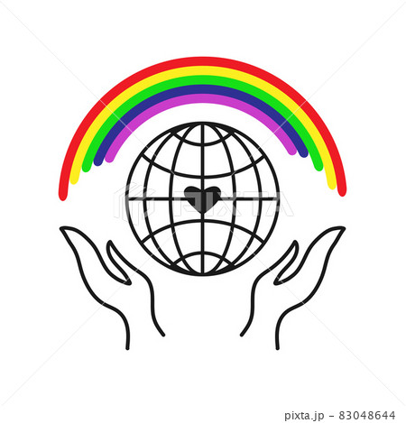 Globe icon. Rainbow positive vibes around the world, holding in hands. Concept of love and kindness. White background. Vector 83048644