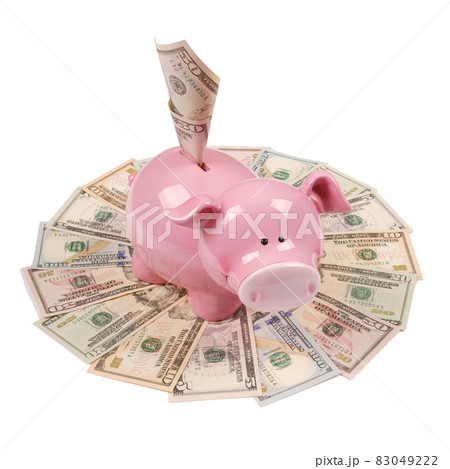 Pink piggy bank on white backgrounds on mandala kaleidoscope from money. 83049222