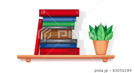 Shelf with books and a houseplant in a pot. 83050284