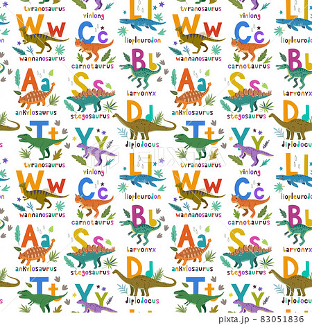 Seamless pattern with cute cartoon doodle dinosaurs, nature elements and hand drawn letters. Adorable children design. 83051836