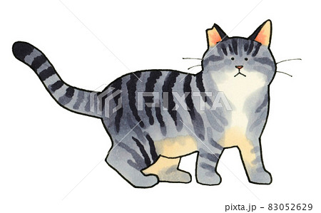 猫の手描きイラスト素材 歩くサバトラ柄の猫 さくらねこのイラスト素材