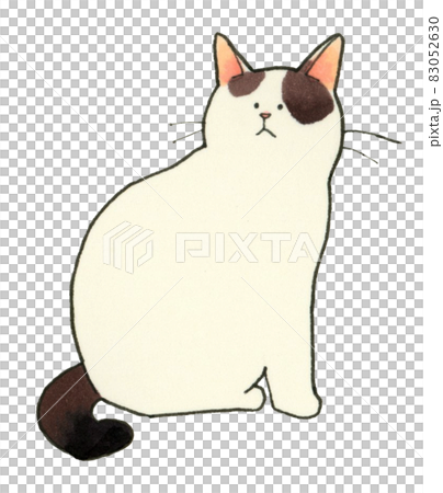 座ったまま振り返るぶち猫　動物・ペットの手描きイラスト素材 83052630
