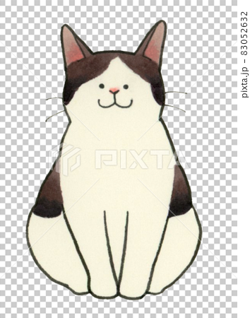 猫の手描きイラスト素材 座るハチワレ猫 白黒猫 正面のイラスト素材
