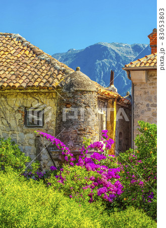 view of old houses flowers montenegro. Selective focus view of old houses flowers montenegro. Selective focus 83053803