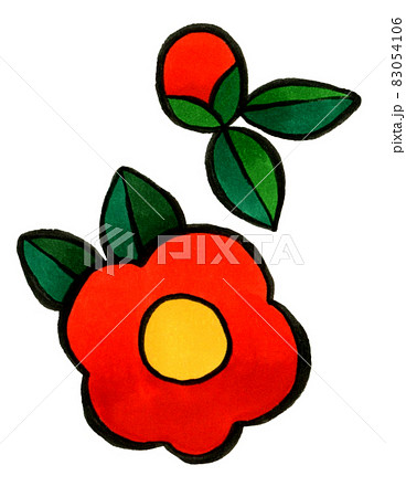 シンプルな赤色の椿の花・つぼみ 手描きイラスト素材 シンプルな赤色の椿の花・つぼみ 手描きイラスト素材 83054106