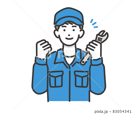 レンチを持ってガッツポーズをとる自動車整備士の全身ベクターイラスト素材／メンテナンス／車検／修理 83054341