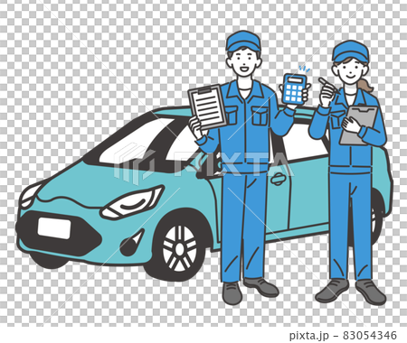 自動車と見積もりや点検をする自動車整備士のベクターイラスト素材 車 車検 修理のイラスト素材