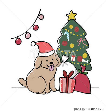 クリスマスツリーと犬のイラストのイラスト素材