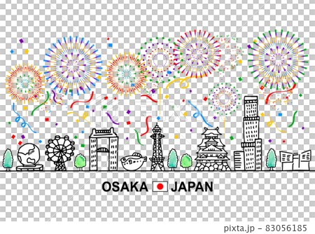 大阪の街並みと5色の花火と紙吹雪のシンプル線画 大阪の街並みと5色の花火と紙吹雪のシンプル線画 83056185