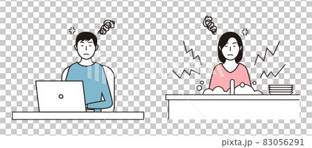 A man who works remotely in a bad mood and a woman who washes dishes in a bad mood 83056291