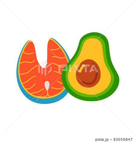 Red salmon fish and avocado. Vector hand drawn cartoon illustration icon. Isolated on white background. Avocado and red fish cartoon concept 83056847