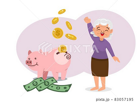 Retirement Savings Ideas old woman character saving money put in a pink piggy bank flat style cartoon illustration vector Retirement Savings Ideas old woman character saving money put in a pink piggy bank flat style cartoon illustration vector 83057195