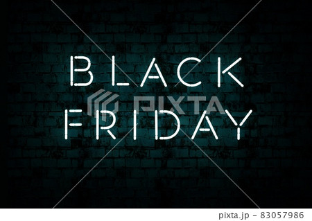 Realistic model of the Black Friday banner on a dark blue isolated background. Neon Black Friday banner with backlight. 3D graphics 83057986