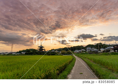 奈良県斑鳩町　世界遺産法起寺の三重塔の見える田んぼと道の夕景 83058085