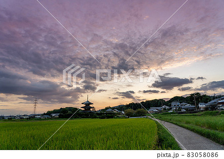 奈良県斑鳩町　世界遺産法起寺の三重塔の見える田んぼと道の夕景 83058086